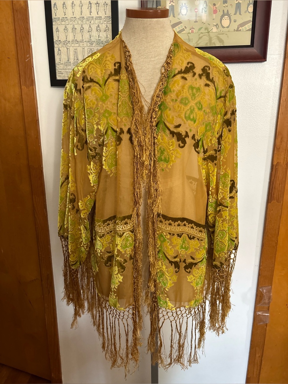 LENNI: Velvet Burnout Tapestry Fringe Robe Blouse *SZ.OS (YELLOW-GREEN)